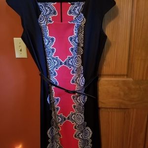 Ronni Nicole Belted Bodycon Sheath Dress size 16 Black/Red Back Zip Cap Sleeve